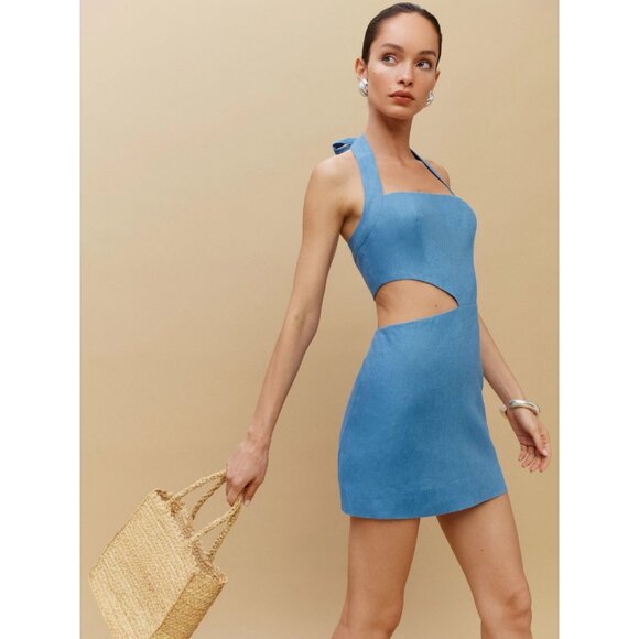 REFORMATION Valli Parisian Blue Linen Cut Out Mini Halter Dress, Size 8 - Picture 2 of 13